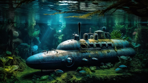 Un vecchio sottomarino in acqua con sopra la scritta sottomarino