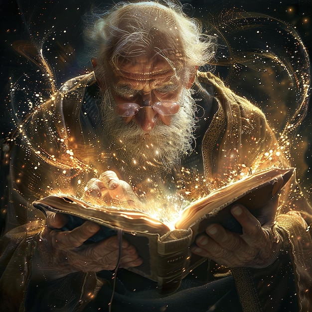 un vecchio sta leggendo un libro di magia delle scintille