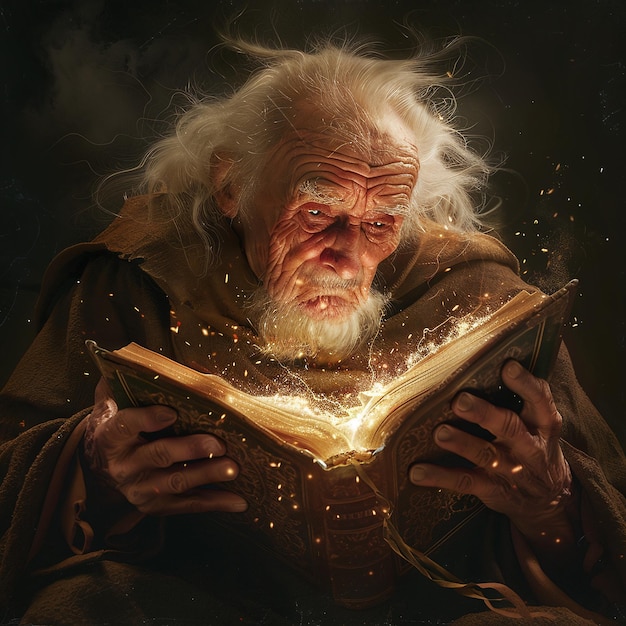 un vecchio sta leggendo un libro di magia