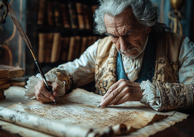 un vecchio sta scrivendo su una carta con una spada al centro