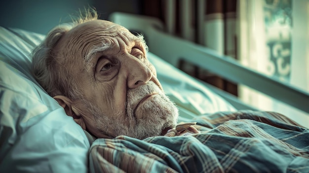 Un vecchio stanco giace in un letto d'ospedale circondato da attrezzature mediche e dal debole bagliore di una lampada da letto le sue mani rugose afferrano una fotografia sbiadita
