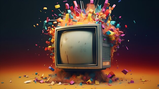 Un vecchio televisore che esplode colorato spray a polvere dell'arcobaleno attraverso lo schermo