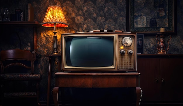 un vecchio televisore retrò su sfondo scuro nello stile del marrone scuro e della marina
