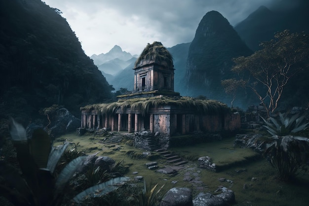 Un vecchio tempio in rovina in una lussureggiante giungla fitta con montagne in lontananza