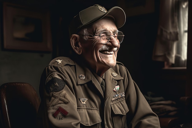 un vecchio veterano militare americano sorridente seduto su una stanza