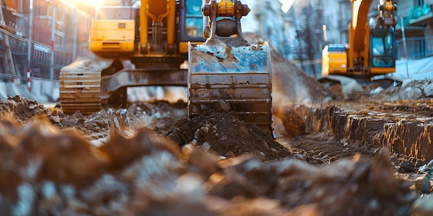 Un veicolo da costruzione che scava il suolo in un cantiere di costruzione Concetto Veicolo da costruzione che esca il suolo