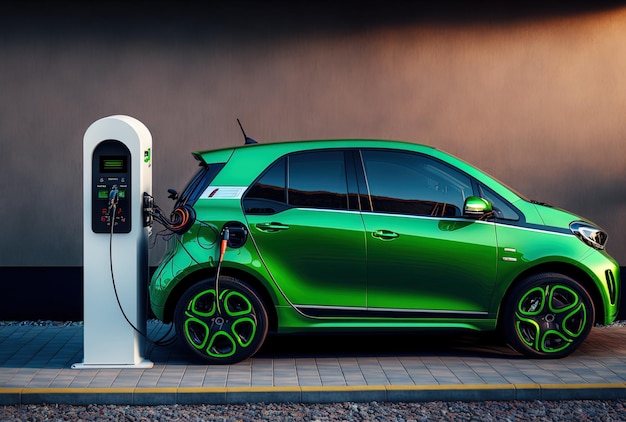 Un veicolo elettrico con un'idea di energia verde è parcheggiato accanto a una porta di ricarica