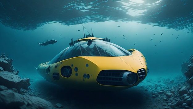 Un veicolo giallo galleggia nell'acqua.