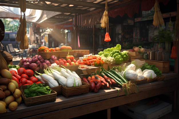 Un venditore allestisce una bancarella nei dintorni del mercato delle verdure