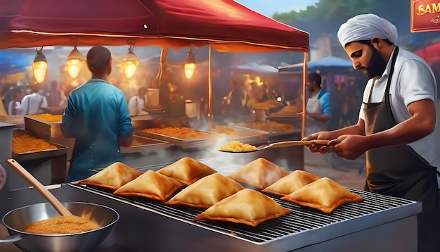 Un venditore di cibo di strada che frigge deliziose samosa