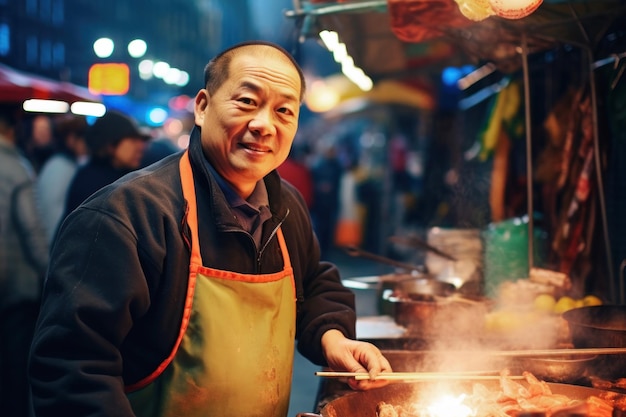 Un venditore di cibo di strada che indossa un grembiule a Chinatown