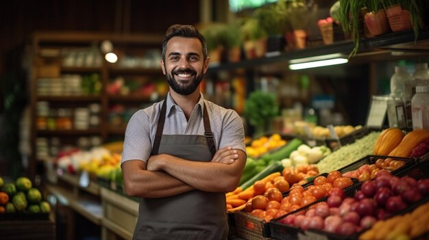 Un venditore di frutta e verdura con un sorriso sul viso