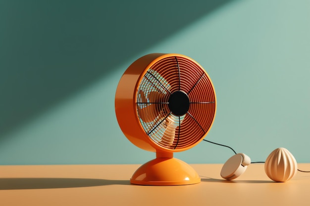 Un ventilatore con un auricolare bianco su un tavolo