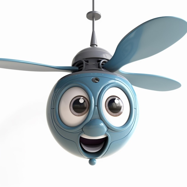 Un ventilatore da soffitto cartone animato blu con una faccia sorridente e una faccia sorridente.
