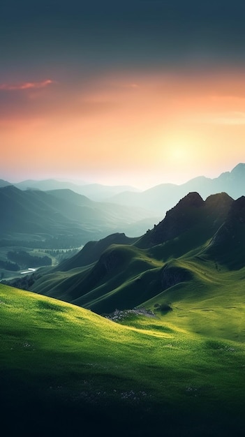 Un verde paesaggio di montagna con un tramonto sullo sfondo