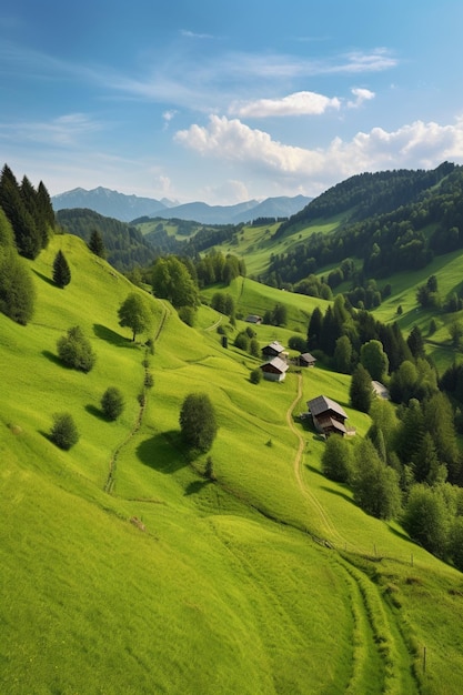 Un verde paesaggio montano con una casetta in cima.