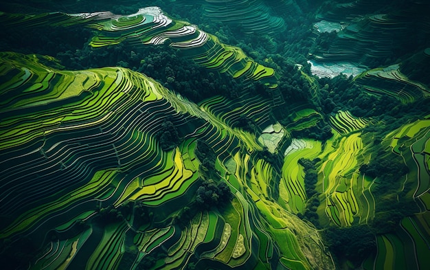 Un verde terrazzamento di riso con un verde paesaggio sullo sfondo.