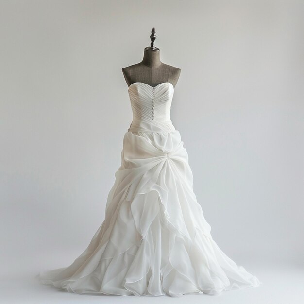 un vestito bianco con una sposa su di esso è visualizzato su un manichino