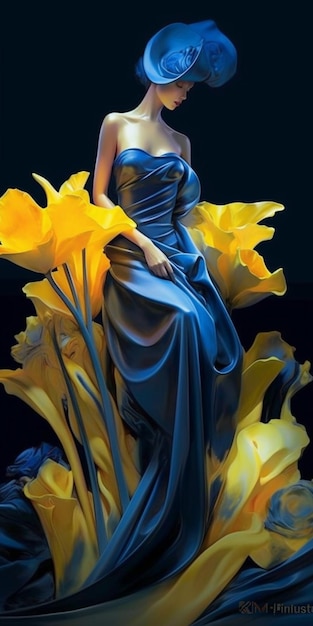 Un vestito blu con una donna in mezzo a un mazzo di fiori.