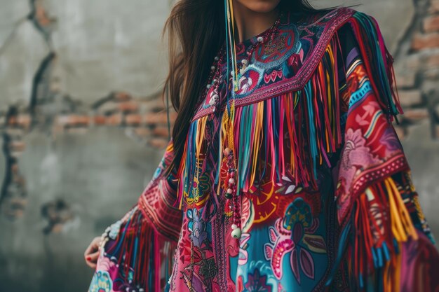 Un vestito maxi stravagante con frange bohemiche e stampe vibranti.