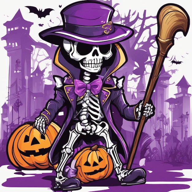 Un vestito viola di scheletro degli articoli in bastone della mano e maglietta del cappello degli articoli progetta il fondo di Halloween