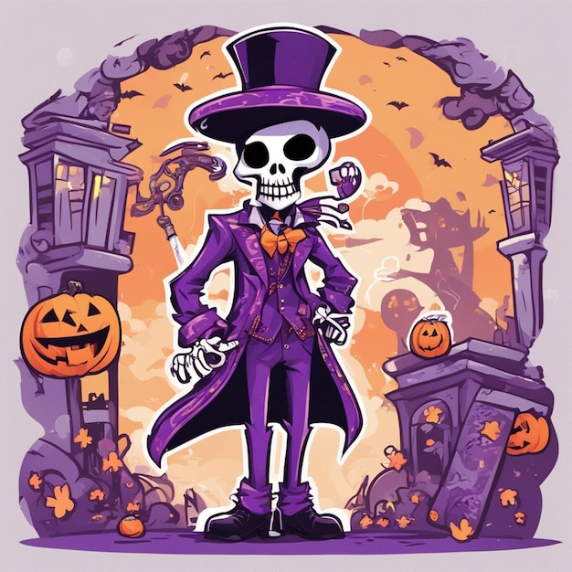 Un vestito viola di scheletro degli articoli in bastone della mano e maglietta del cappello degli articoli progetta il fondo di Halloween