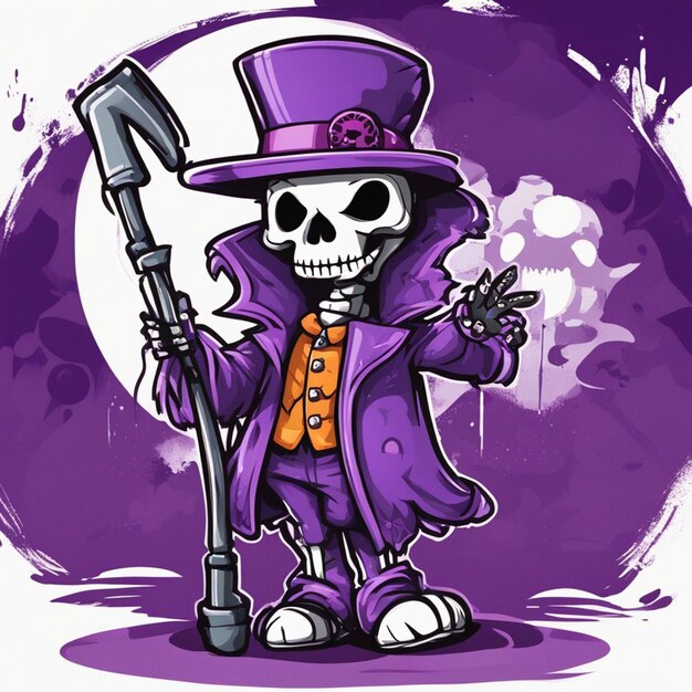 Un vestito viola di scheletro degli articoli in bastone della mano e maglietta del cappello degli articoli progetta il fondo di Halloween