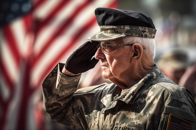 Un veterano dell'esercito degli Stati Uniti saluta la bandiera americana il Memorial Day.