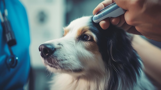 Un veterinario carino esamina il cane, prende la temperatura e fa dei test in clinica per le malattie.