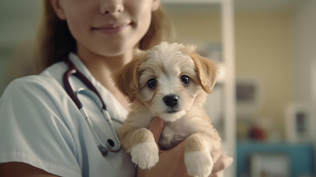 Un veterinario che tiene un cucciolo in un ospedale.