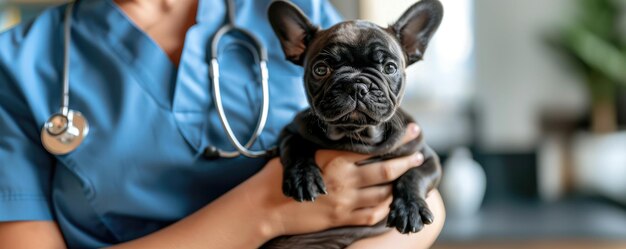 Un veterinario di IA generativa tiene in mano un piccolo cucciolo di cane con uno striscione della clinica veterinaria.