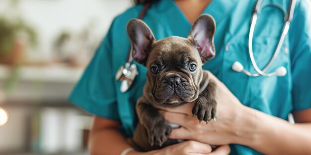 Un veterinario di IA generativa tiene in mano un piccolo cucciolo di cane con uno striscione della clinica veterinaria.