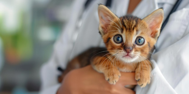 Un veterinario di IA generativa tiene in mano un piccolo gattino carino con lo striscione della clinica veterinaria.