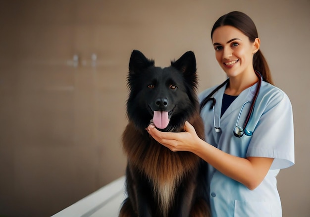 un veterinario femminile con un cane in uniforme blu sta posando con un veterinario