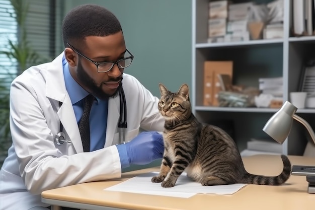 Un veterinario in abito medico esamina attentamente un grosso gatto nell'ufficio di una clinica veterinaria