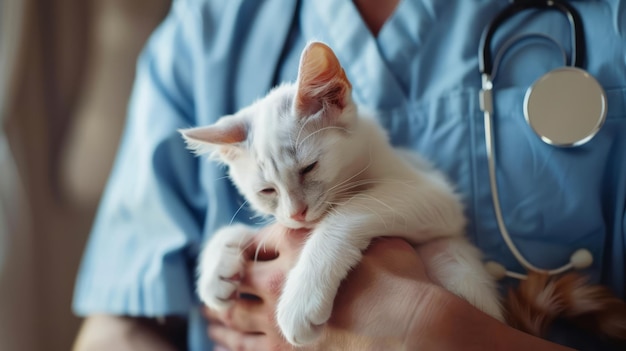 Un veterinario in uniforme blu tiene dolcemente un calmo gatto bianco Un stetoscopio è visibile