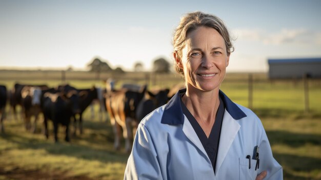 Un veterinario si trova di fronte alle mucche e sorride alla telecamera Creato con la tecnologia dell'IA generativa