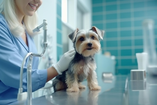 Un veterinario sta esaminando un cane con un veterinario sullo sfondo.