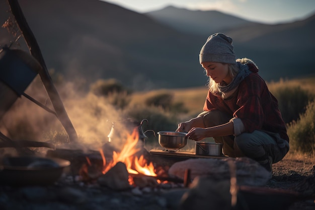 Un viaggiatore accende un fuoco sullo sfondo delle montagne e della natura generativa ai