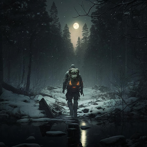 Un viaggiatore che cammina attraverso una foresta innevata
