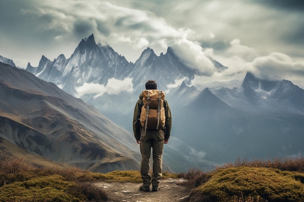 Un viaggiatore con uno zaino si gode la vista della vetta della montagna