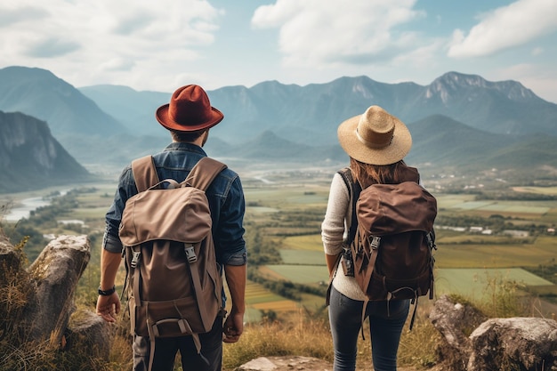 un viaggiatore di coppia con zaino che tiene il cappello e guarda le montagne