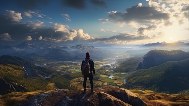 Un viaggiatore in piedi su una scogliera che domina la valle e le montagne