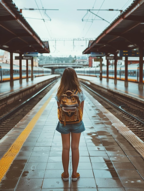 Un viaggiatore si trova da solo su una piattaforma ferroviaria urbana circondato dall'architettura intricata della stazione La scena trasuda un senso di tranquilla avventura nel paesaggio urbano