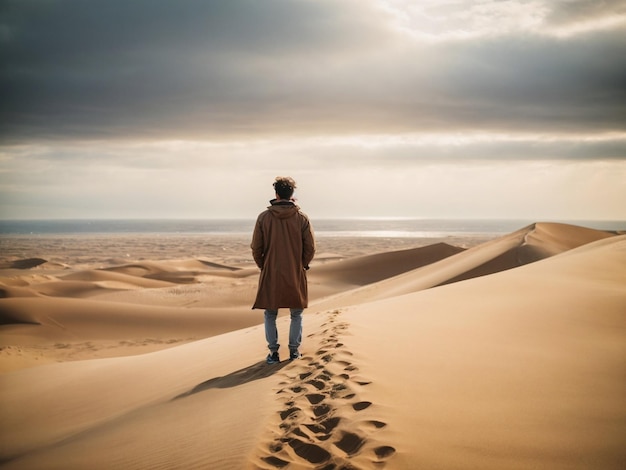 Un viaggiatore solitario in cima a una duna di sabbia nel deserto