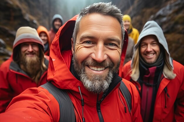 Un viaggiatore sorridente in giacca rossa e con uno zaino fa un selfie con i suoi amici in montagna