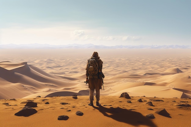 Un viaggiatore stanco in piedi davanti a un deserto senza fine