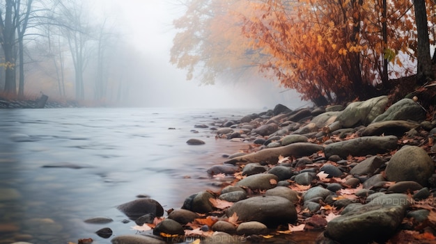 Un viaggio affascinante alla scoperta della riva incantata del fiume velata dalla nebbia e dai colori mistici dell'autunno