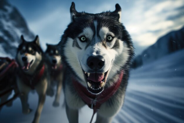 Un viaggio congelato una persona con una slitta di cani attraversa l'Antartide innevata un'avventura epica attraverso il ghiaccio