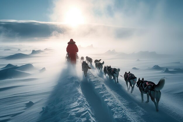 Un viaggio congelato una persona con una slitta di cani attraversa l'Antartide innevata un'avventura epica attraverso il ghiaccio